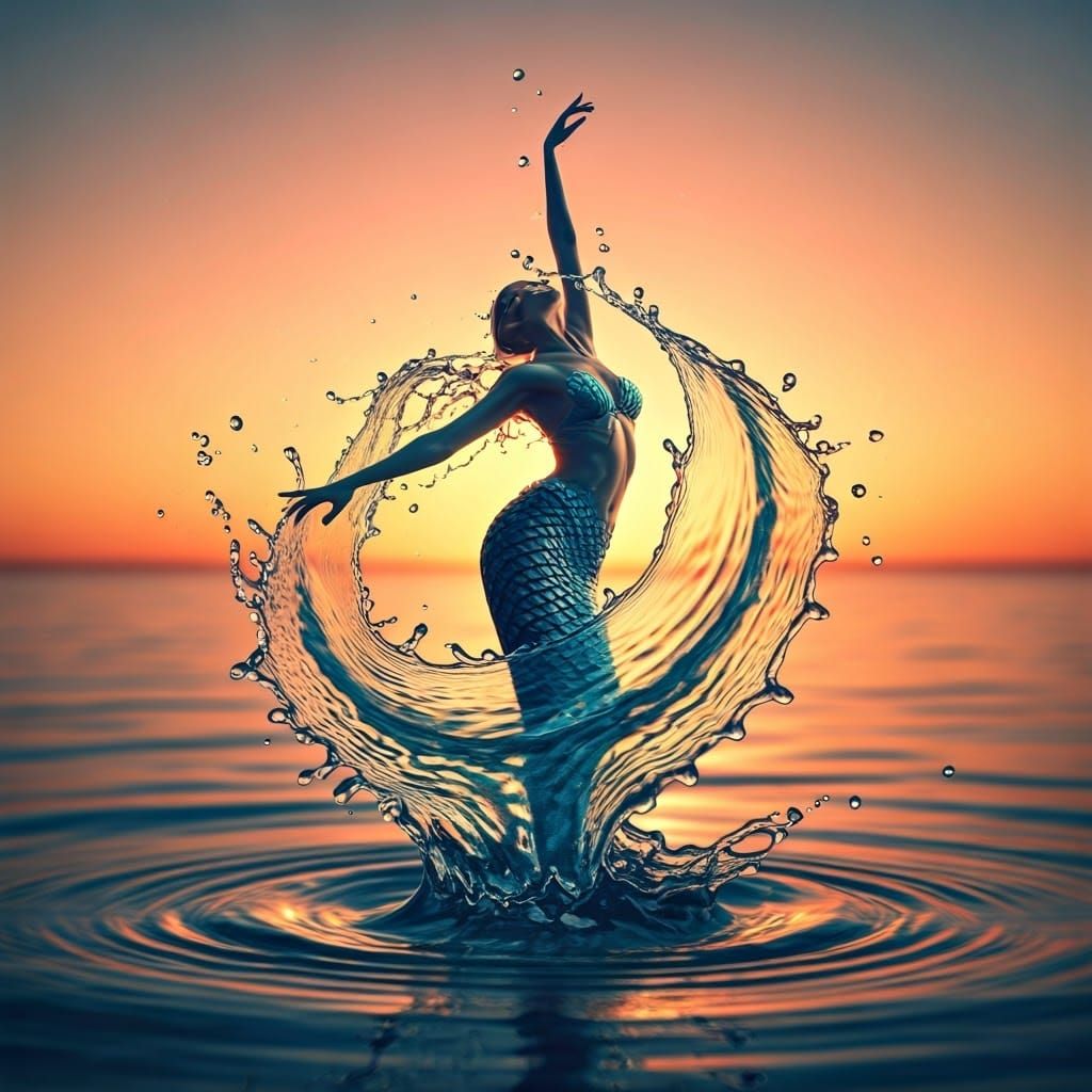 Opalescent Mermaid Dancing at Sunset: Photorealistic Art