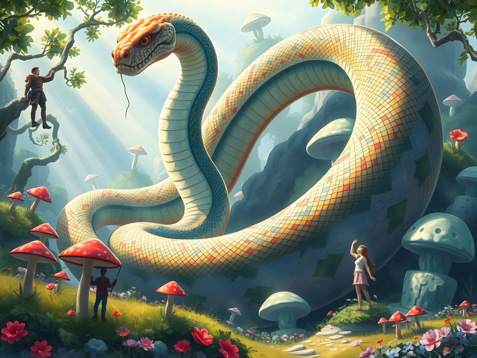 Surreal Serpent in a Lush Watercolor Forest