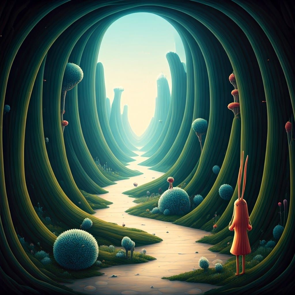 Whimsical Surreal Landscape with Fantastical Creatures