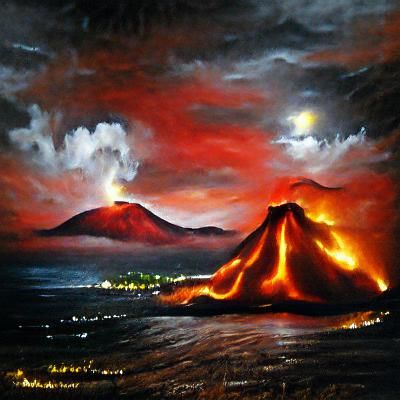 Volcanic Eruption at Night: Dramatic Oil Painting
