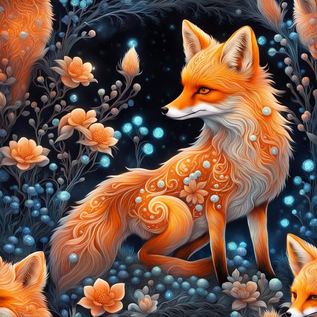 Luminous Glass Fox with Bioluminescent Plants