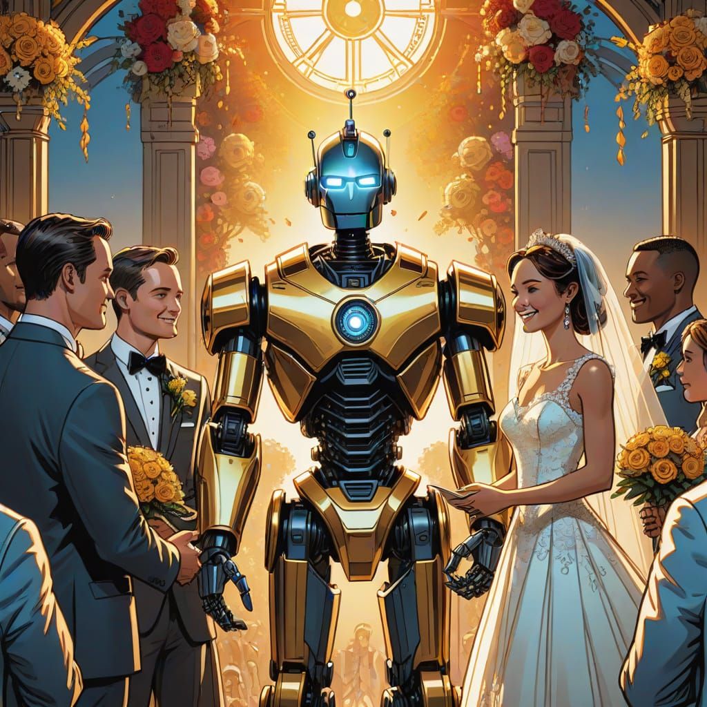 Robot Officiant at Human Wedding in Comic Book Style
