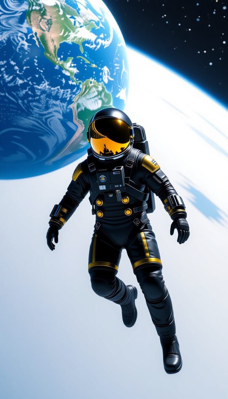 Astronaut Drifting in Space Reflecting Earth: 3D Render