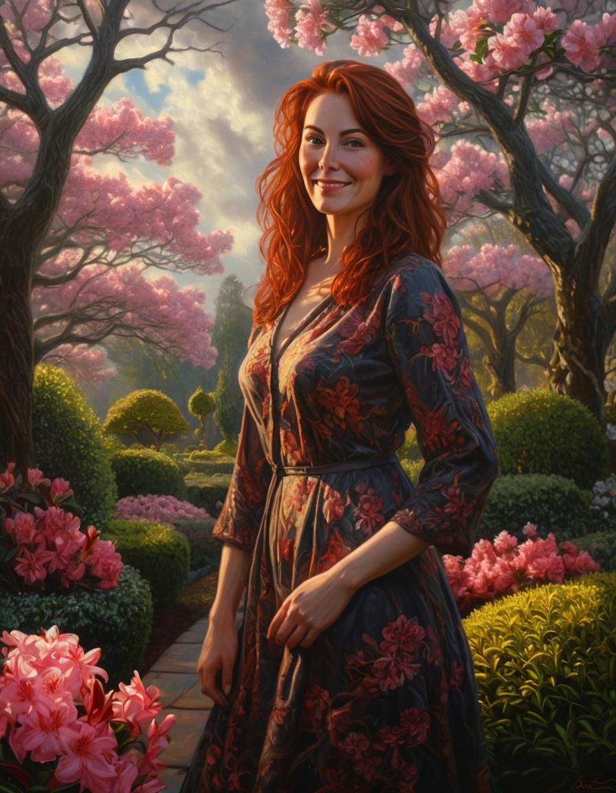 Auburn-Haired Woman in Garden, Chiaroscuro Oil Painting