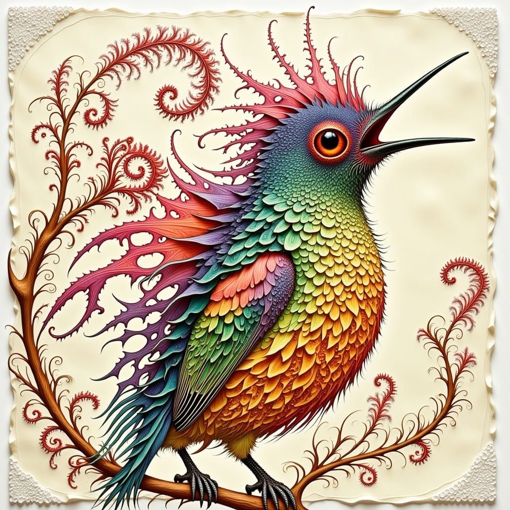 Intricately Detailed Botanical Drawing of a Baby Bird in a W...