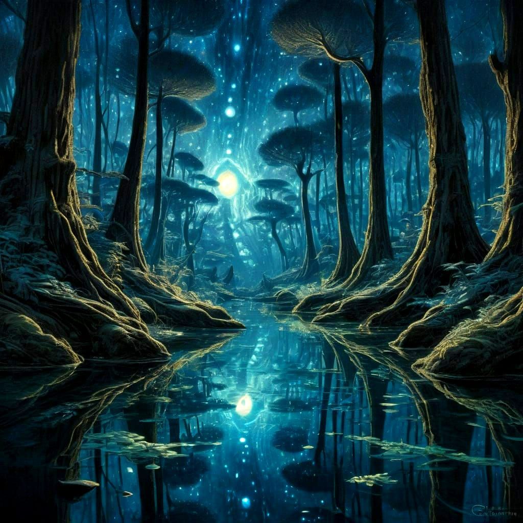 Surrealistic Bioluminescent Forest Landscape in Charcoal Dra...