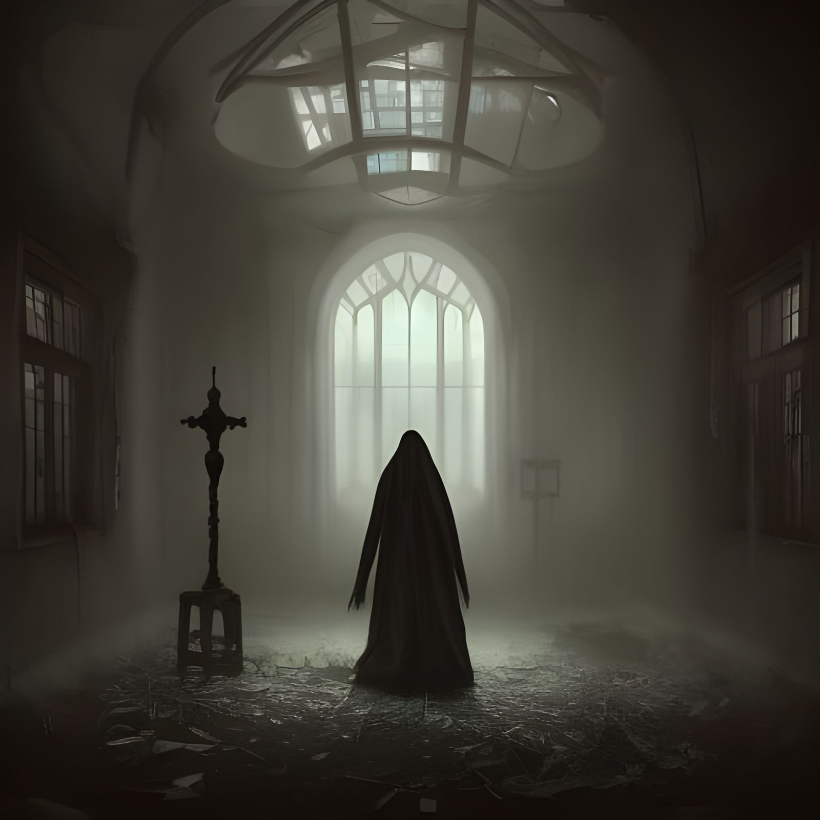 Eerie Ghostly Figure in Abandoned Asylum Ward