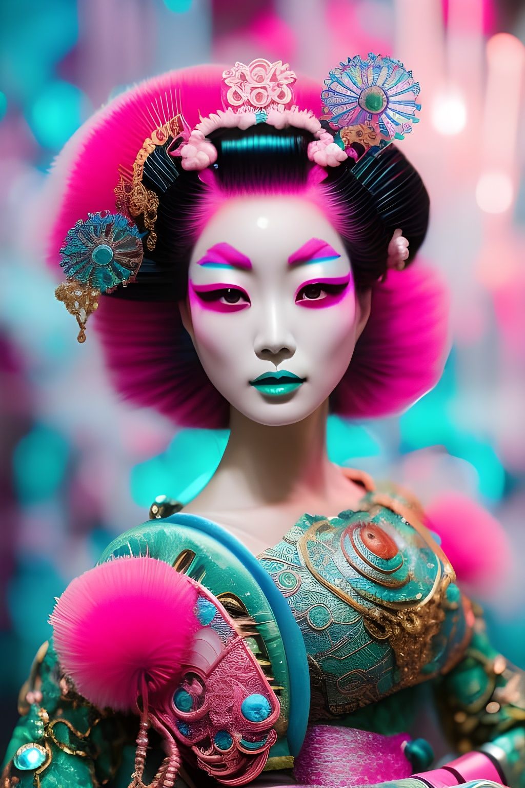 Geisha with Neon Accents and Metallic Skin