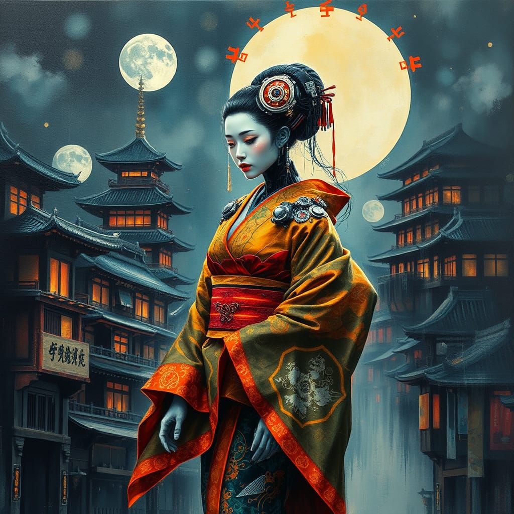 Cybernetic Geisha in Futuristic Japanese Cityscape