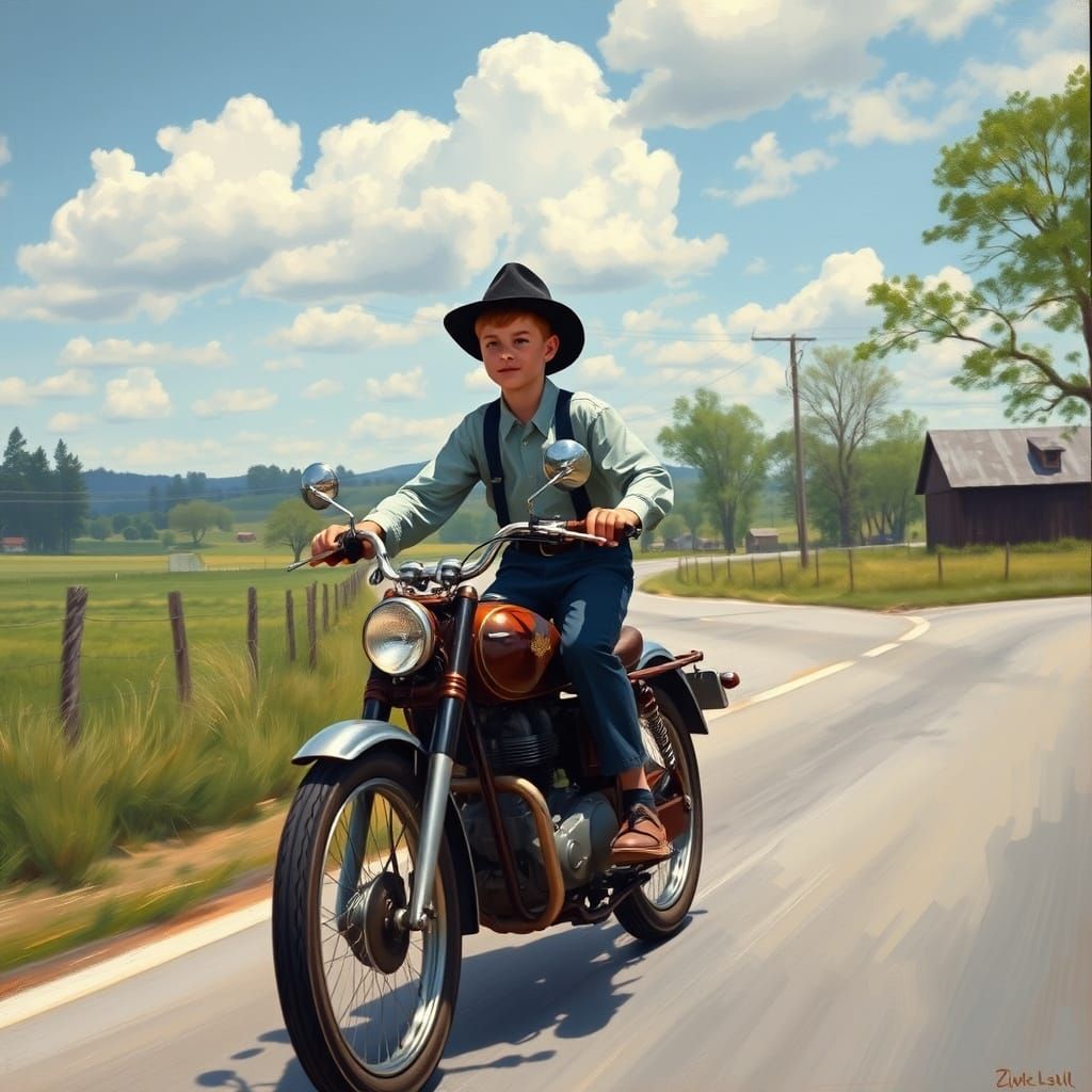 Amish Boy Rides Motorcycle in Wyeth-Max-Mead Style
