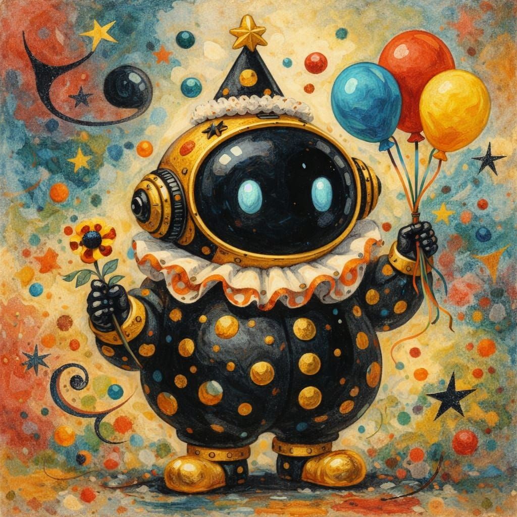 Cute Black and Gold Clown Painting in Miro and Daeni Style