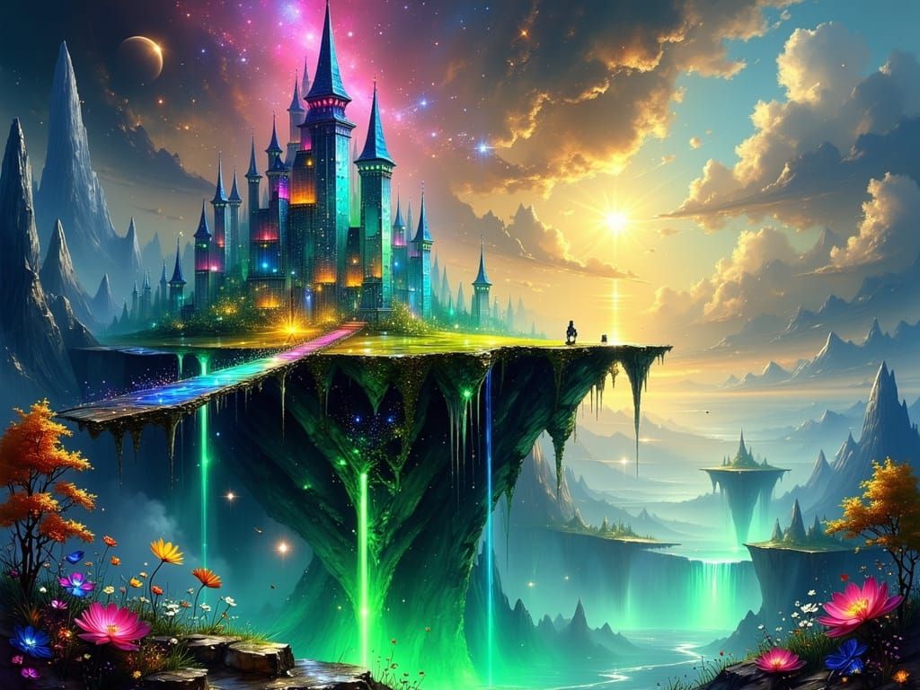 Mystical Starlight Castle Linked by Ethereal Bridges