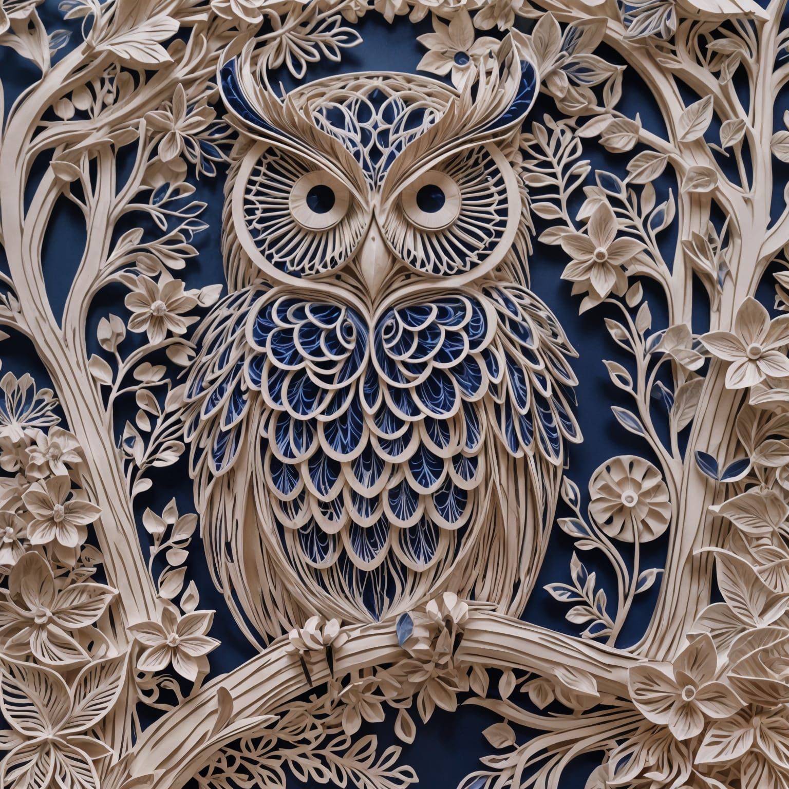 Bioluminescent Kirigami Owl Queen in Ornate Forest