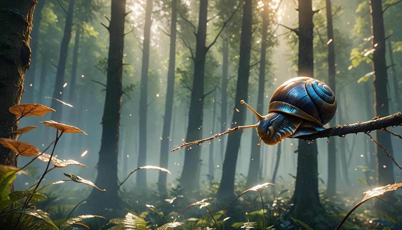 Flying Snail Soaring Through Mystical Forest