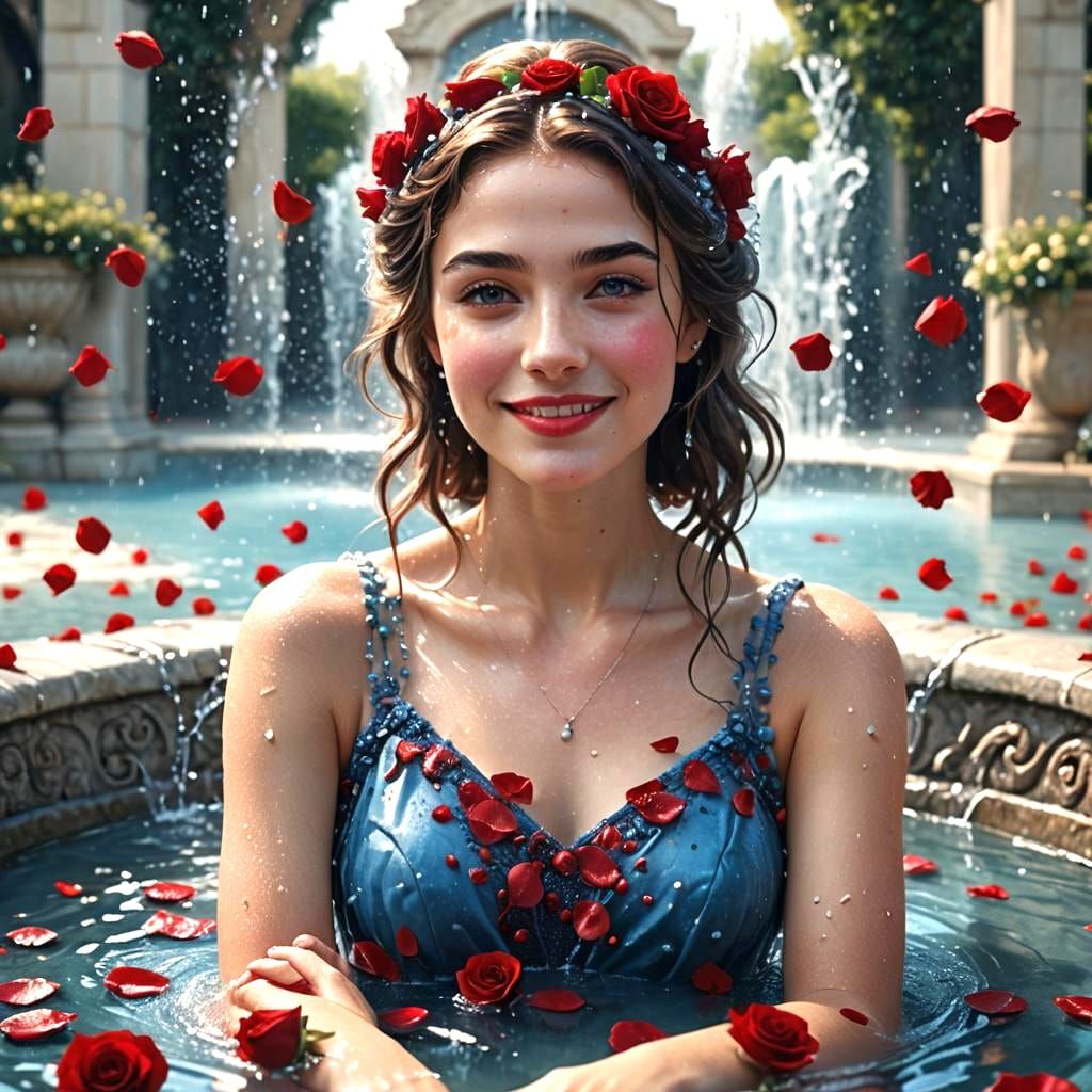 Heart Fountain with Red Roses in Fantasy Art Style