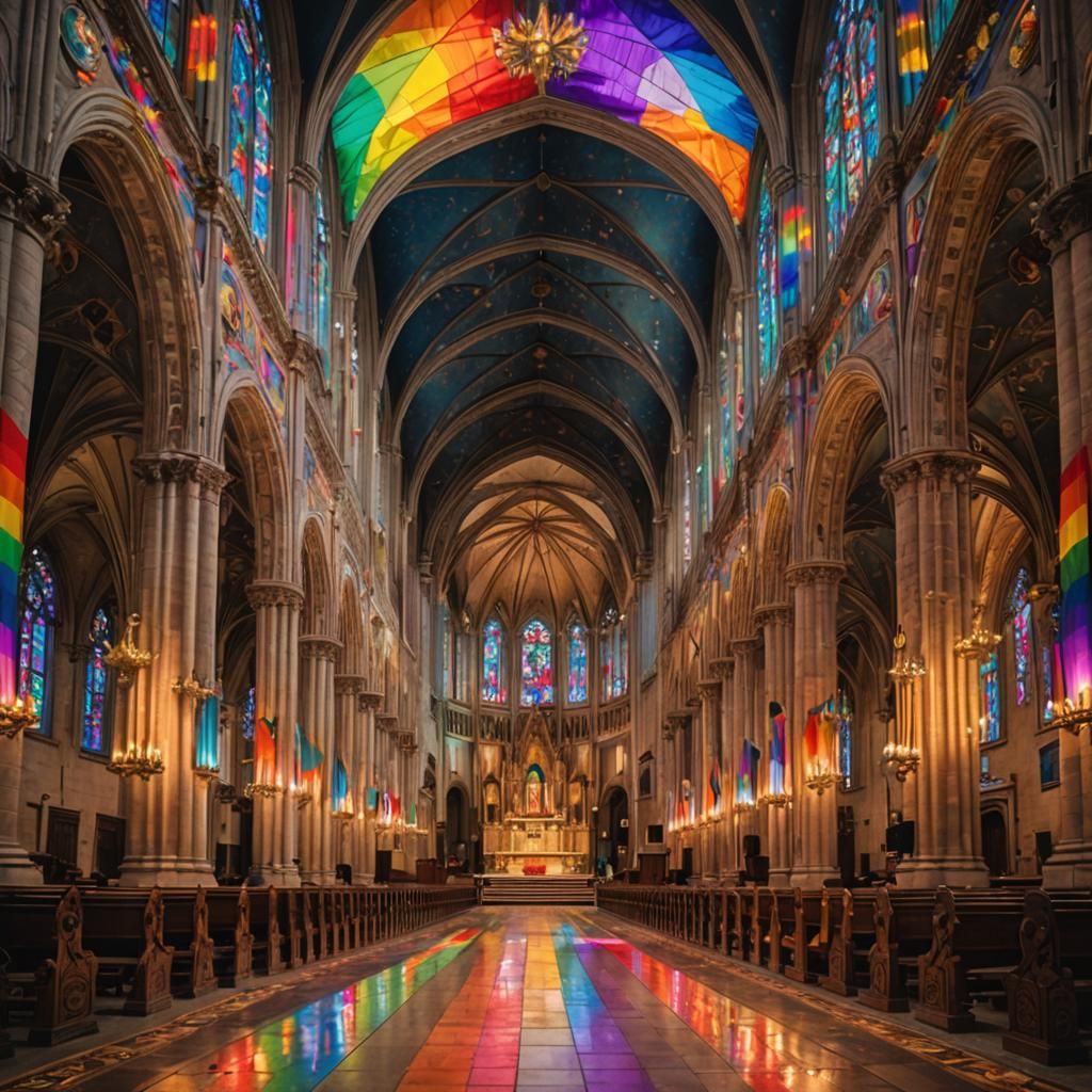 Cathedral Interior Lit with Pride Flag Colors
