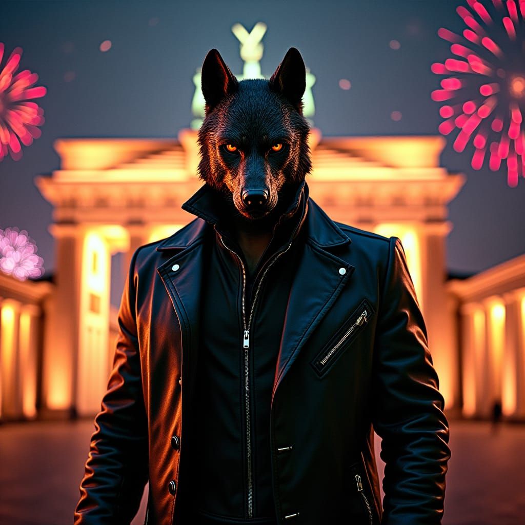 Wolf Mask Hero at Brandenburg Gate in Pop Art Style