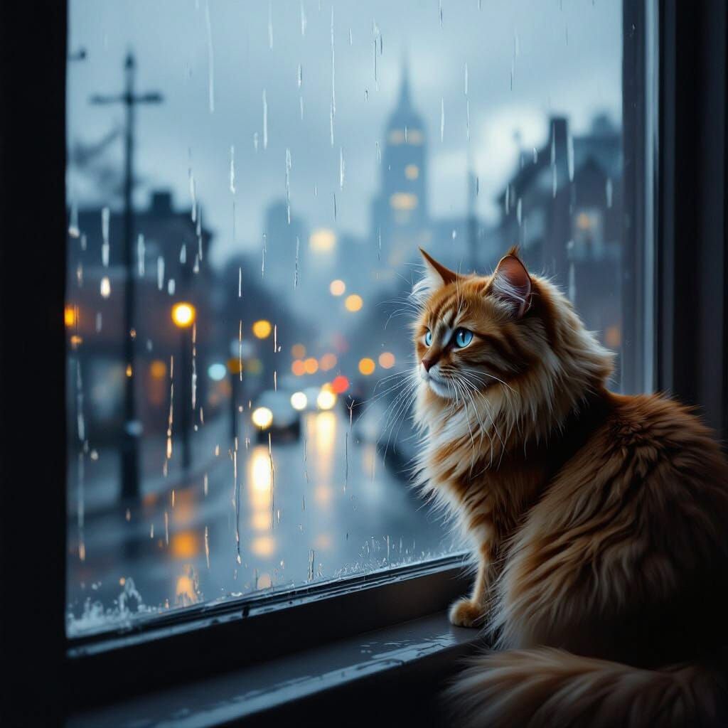 Fluffy Cat Gazes from Rainy Window at Twilight Cityscape