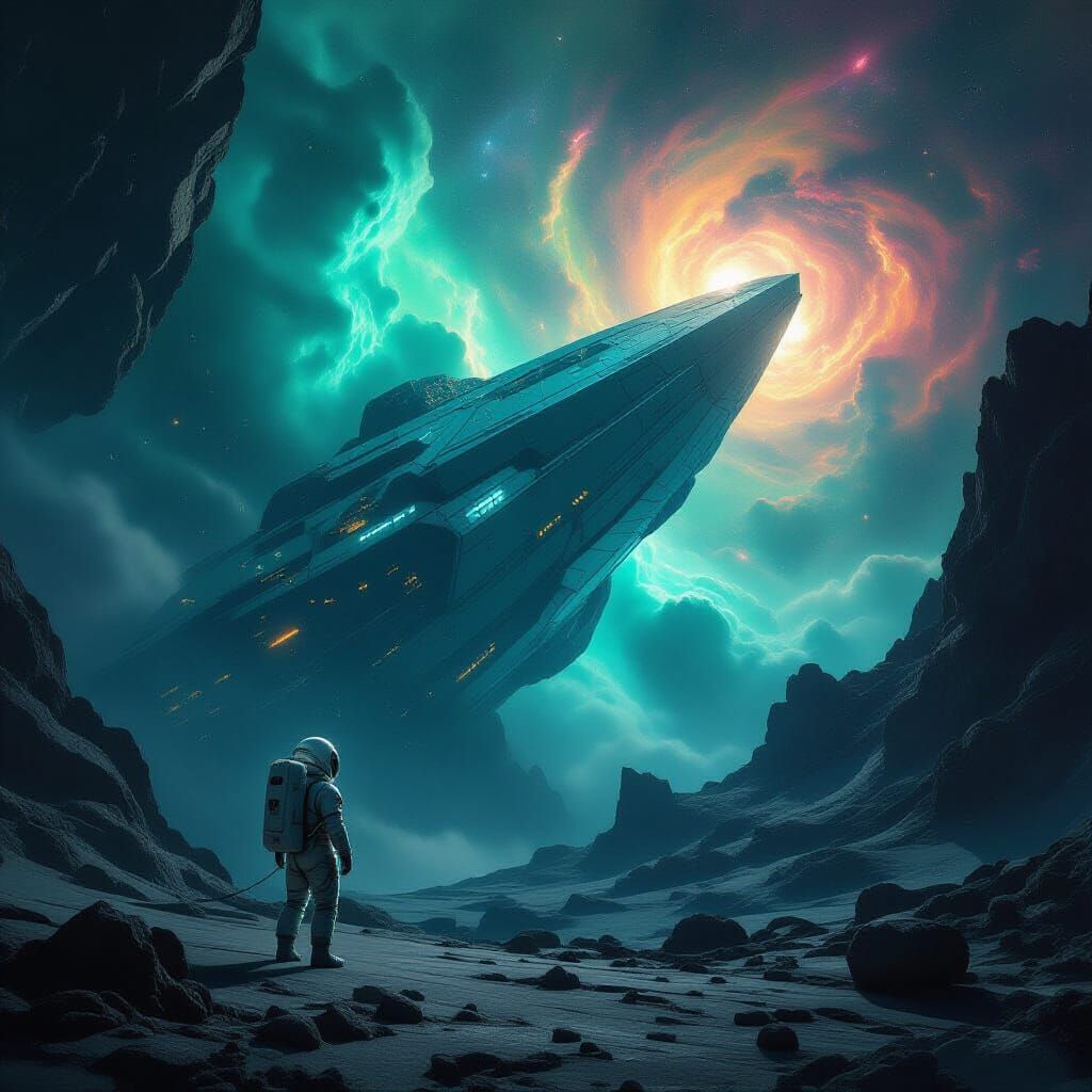 Astronaut Adrift Near Alien Ship in Cosmic Nebula