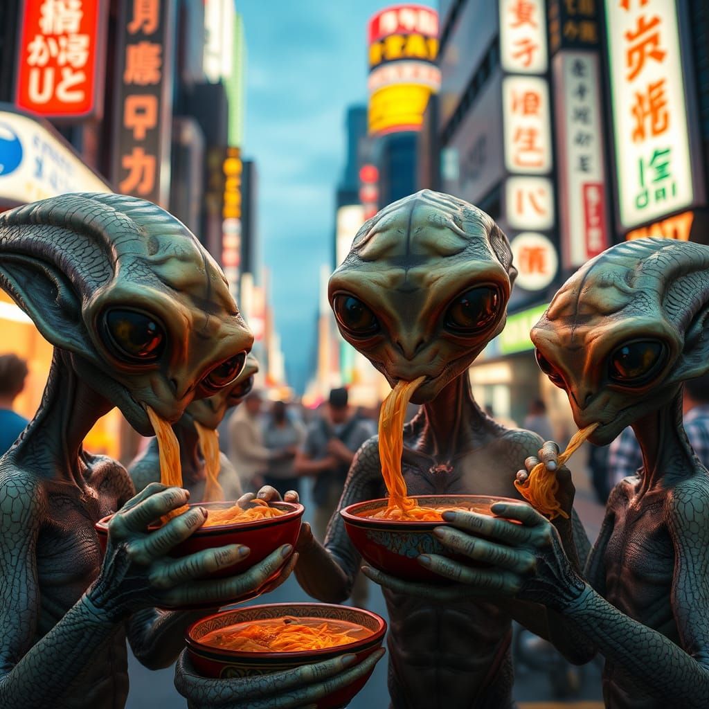 Aliens Slurping Ramen in Tokyo: 3D Anime Style