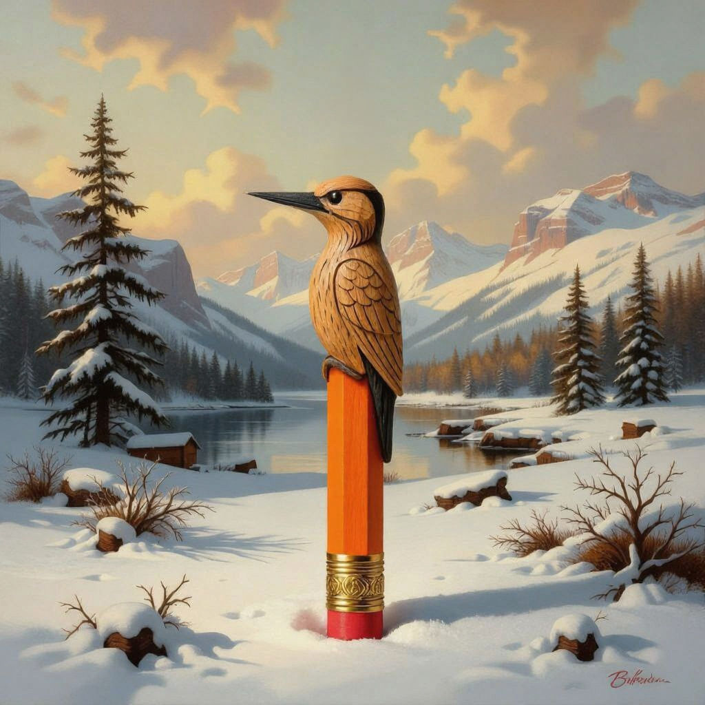 Pencil Transforms Into Woodpecker in Winter Forest