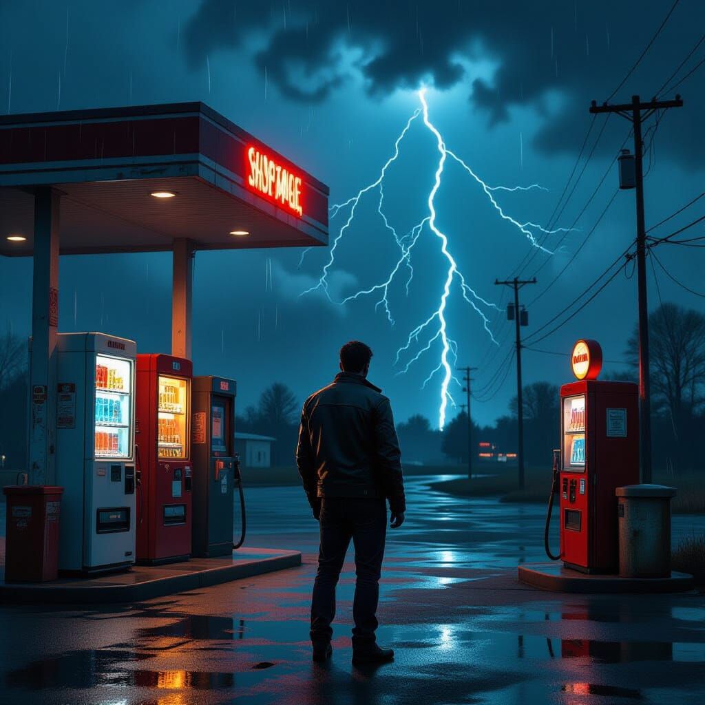 Noir Dystopian Gas Station During Thunderstorm