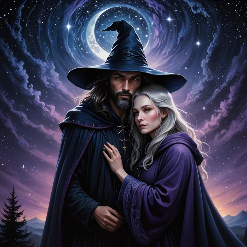 Romantic Witch Embracing Cloaked Man in Airbrush Style