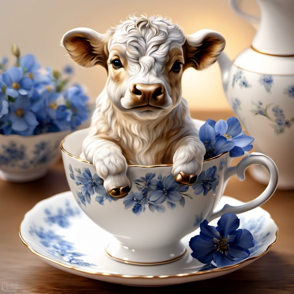 Baby Bull in Teacup: Hyper-Realistic Oil Painting