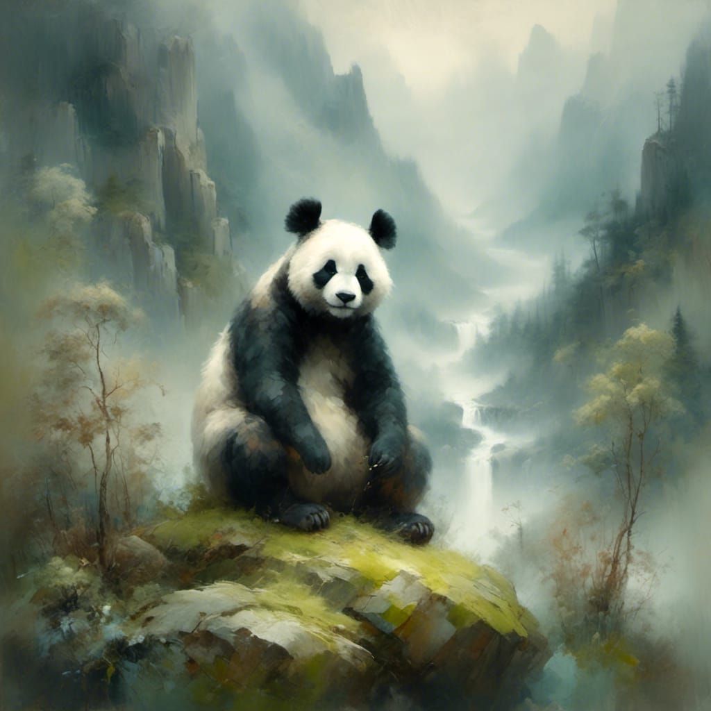 Panda in Watercolor Style with Misty Mountains