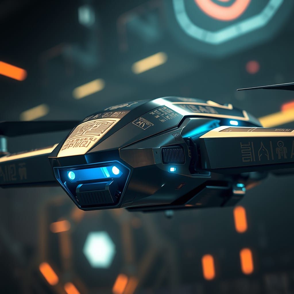 High-Tech Security Drone in Mesopotamian-Egyptian Aesthetic