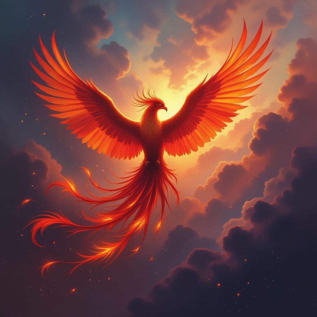 Phoenix Rising Amidst Nebula in Painterly Oil Style