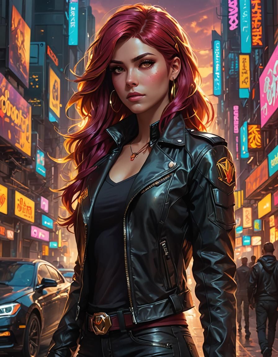 Cyberpunk Woman in Leather Jacket, Detailed Portrait