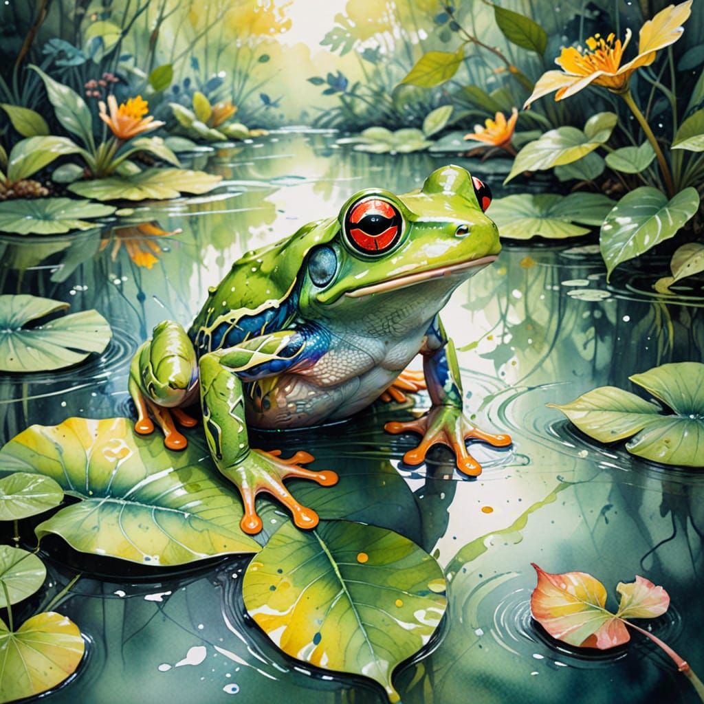 Surreal Tree Frog in a Kaleidoscopic Rainforest