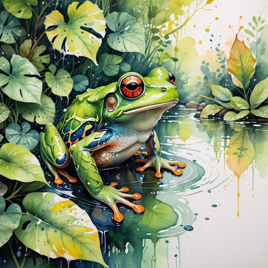 Surreal Tree Frog in Vibrant Watercolour Style