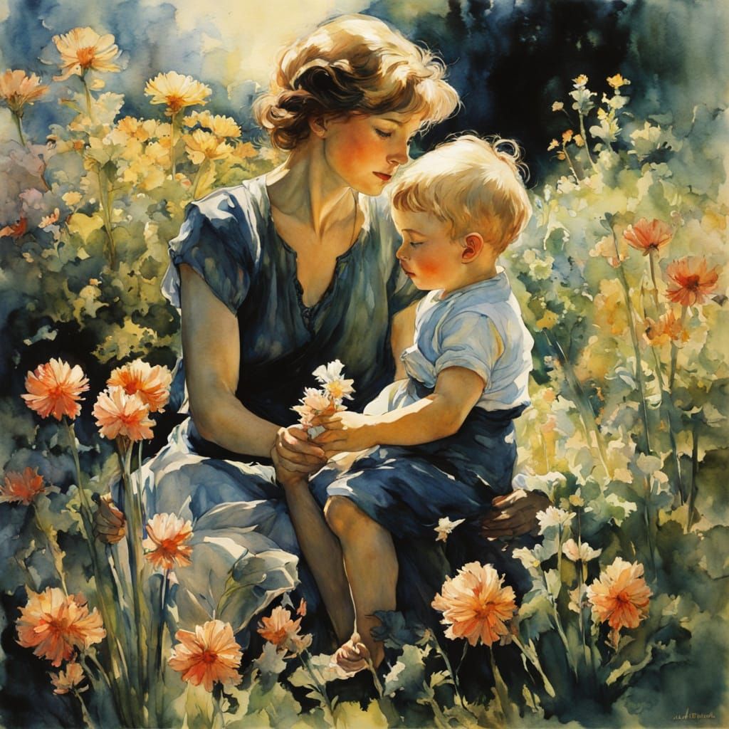 Mother and Son in a Vibrant Garden Scene, Chiaroscuro Waterc...