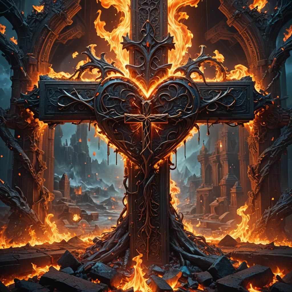 Fiery Heart on Cross: Fantasy Matte Painting