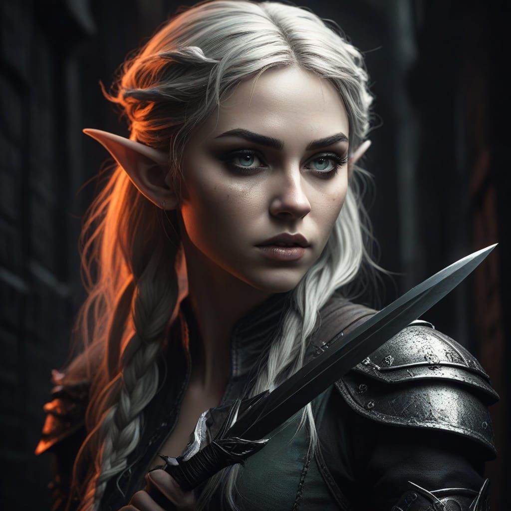 Elf Woman in Dark Alley: Dark Fantasy Illustration