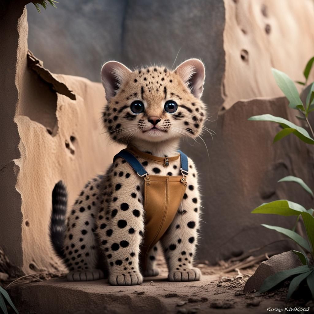 Anthropomorphic Kodkod Cub in Overalls