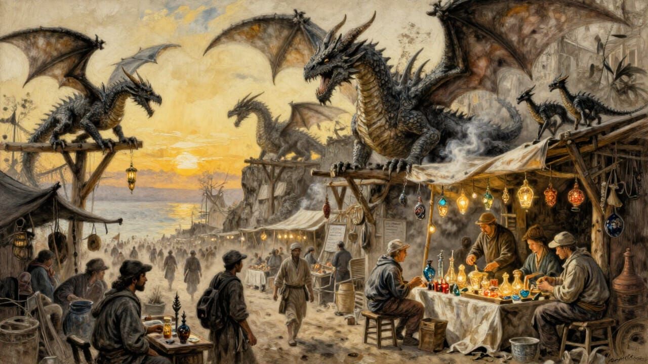 Cliffside Market with Dragons, Glowing Artifacts in Golden H...
