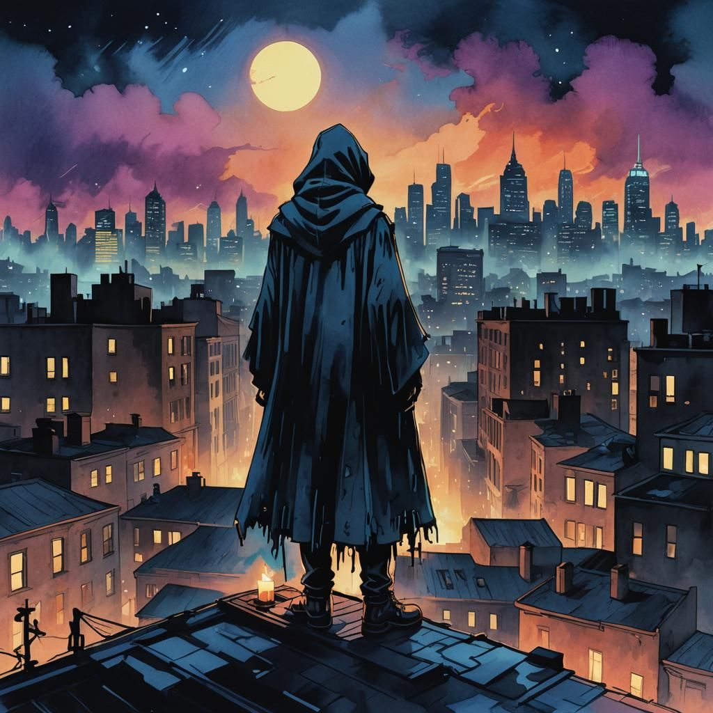 Twilight-Mourner on Rooftop in Graffitipunk Style