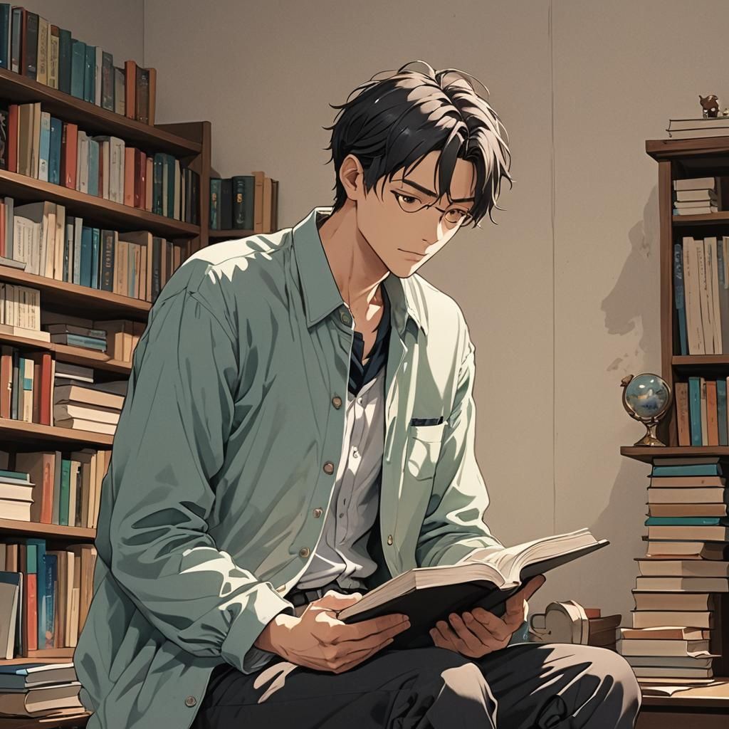 Anime Style: Man Reading a Book