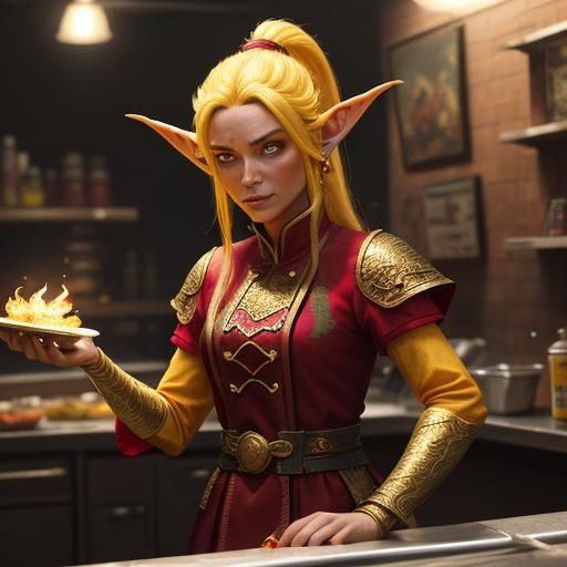 Elf in Fast Food Uniform: Digital Art Illustration