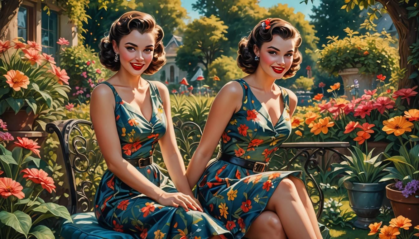 Pinup Woman in Garden, Vivid Acrylic Illustration