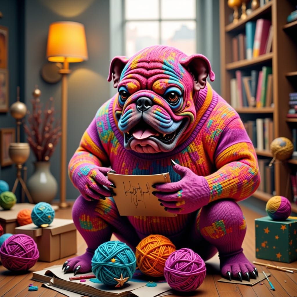 Yarn monster knitting a sweater, pop surrealism <lora:BULLDOGS:1.0>