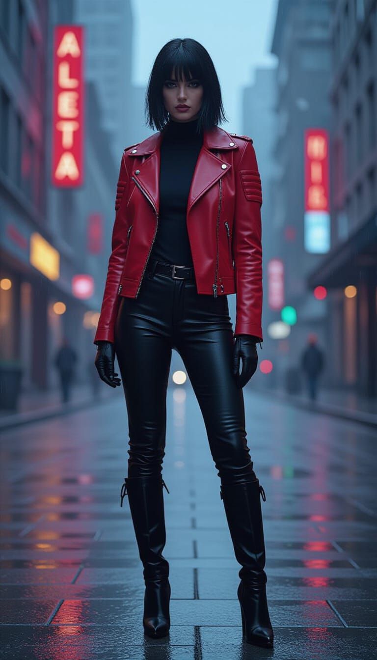 Alectra in Neon Rain: Cyberpunk Urban Portrait