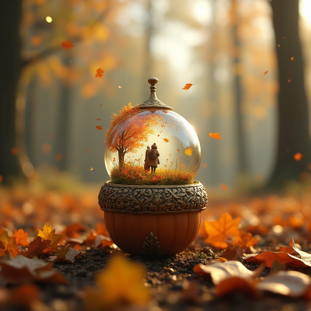 Autumn Wonderland in Glass Acorn, Detailed Illustration