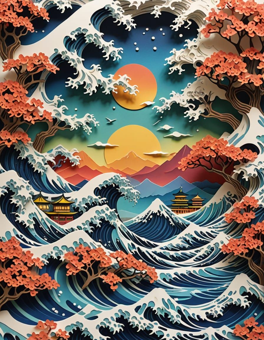 Great Wave off Kanagawa Paper Cut Art with Mount Fuji