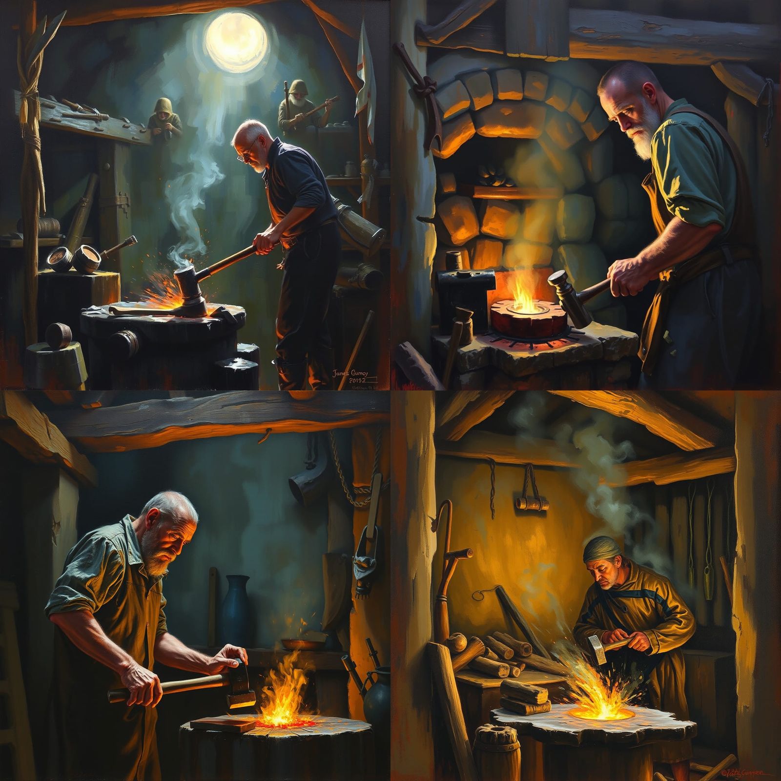 Blacksmith in Forge: Oil Painting