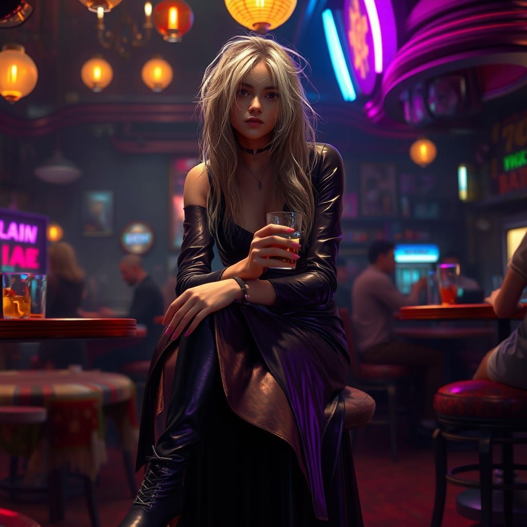 Emotional Woman in Retro Bar, Dark Fantasy Art