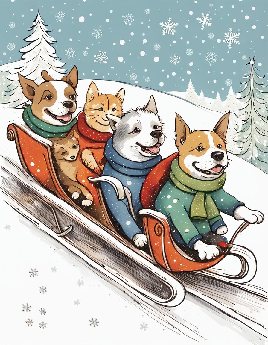 Merry Dogs and Cats Tobogganing Down a Snowy Hill in Whimsic...